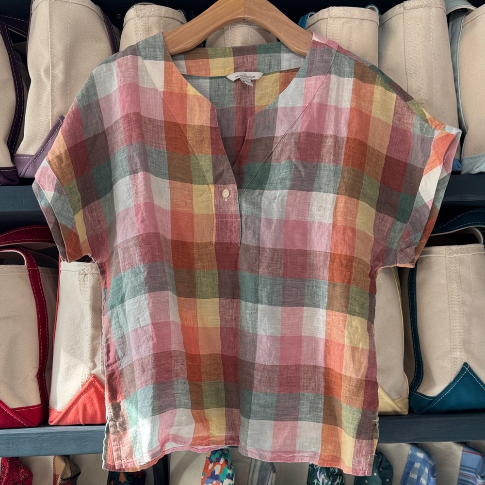 LL Bean Multicolor Plaid Linen Blend Top — Pink, Green, Orange, Yellow